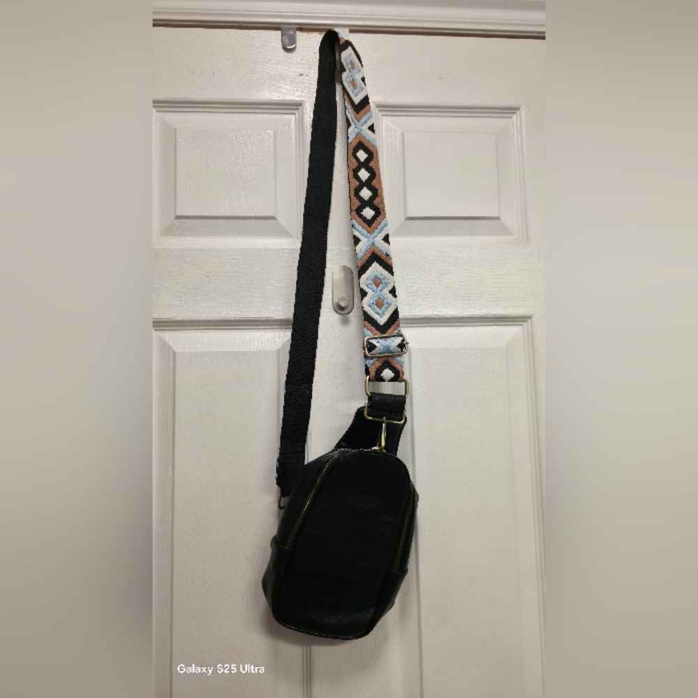 Black Crossbody Bag with Patterned Strap